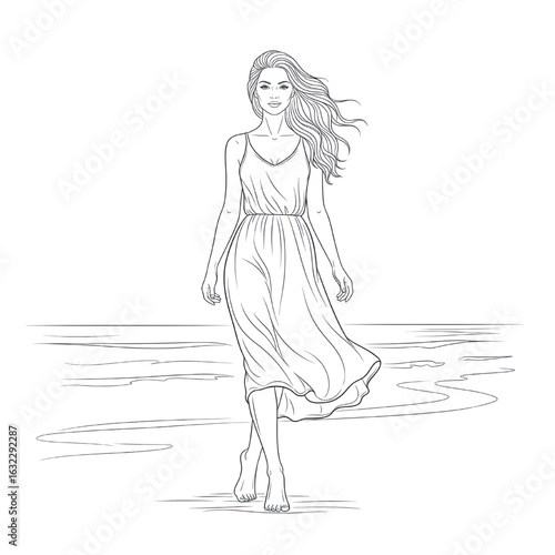A beautiful young woman in a summer dress walking barefoot on the beach. Illustration vector