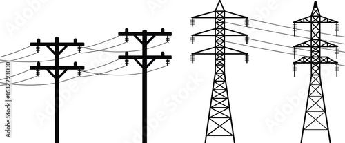 Utility poles, electric towers, power line silhouettes, energy transmission grid, wooden pole vector, high voltage illustration, electricity distribution design