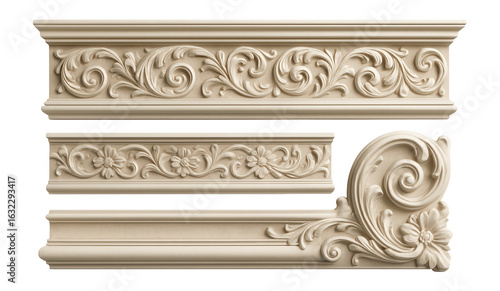 Ornate decorative molding with intricate floral and swirl patterns in a classical design on transparent background.
