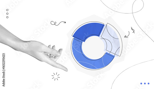 Trendy Collage Hand with pieces of pie chart. Business data analytics and market share concept. Circular diagram parts. Finance graph. Investment strategy. Contemporary vector illustration art