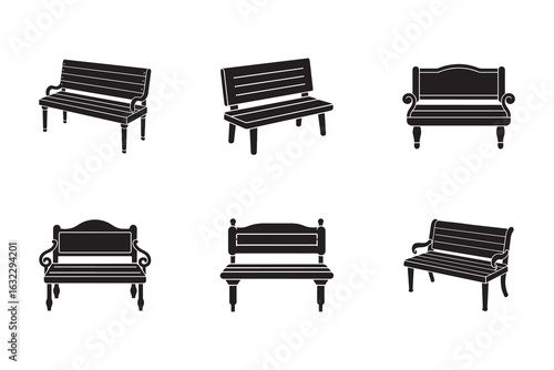 Diverse Park Bench Collection Black Silhouettes on White Background Represents Urban Rest and Outdoor Seating Options