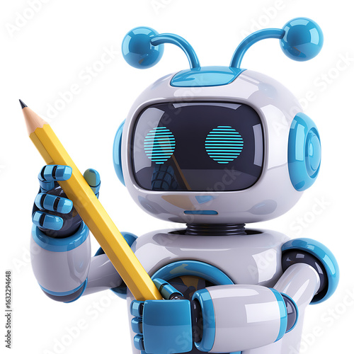 Cute robot holding a pencil concept of artificial intelligence and creative learning for future generations in digital space creative learning