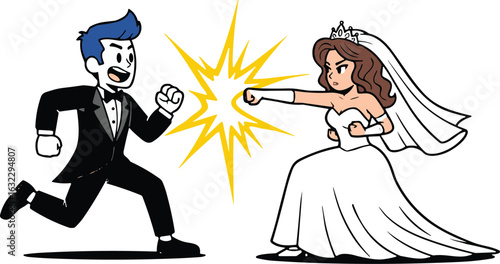 Funny cartoon wedding fight, bride punches groom, humorous marriage scene, comic wedding clash, bridal action moment, tuxedo and veil drama