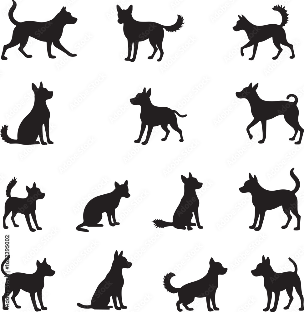 Fototapeta premium Collection of Dog Silhouettes in Various Poses on a White Background