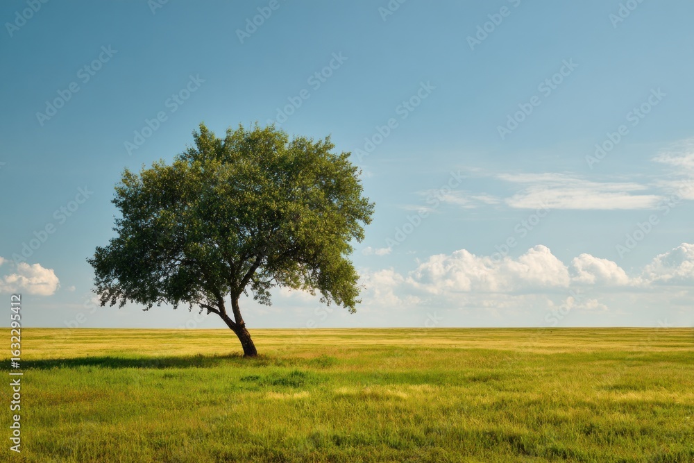 Obraz premium Solitary tree in vast grassy field under a clear blue sky