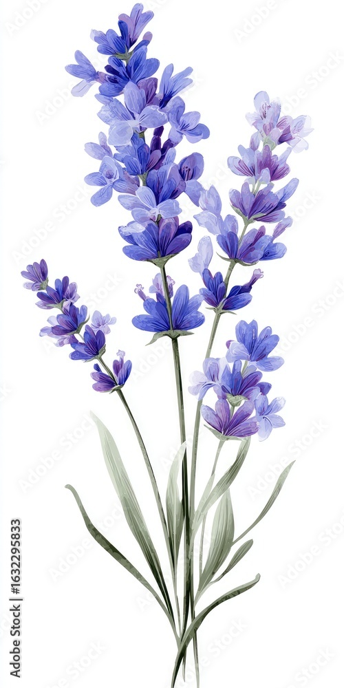 Obraz premium Delicate lavender blossoms, light purple and blue, on a white background. Soft watercolor style