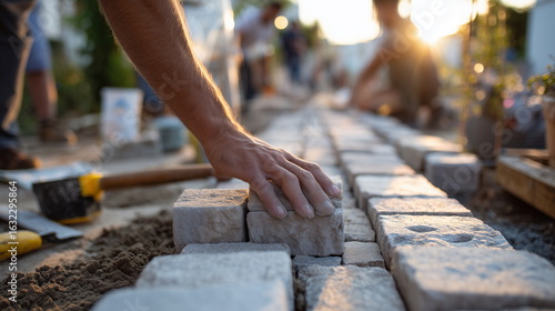 Hands arranging cobblestones on a street under warm evening light, long shadows stretching across, dusty construction tools nearby, evoking a rustic old-town atmosphere.