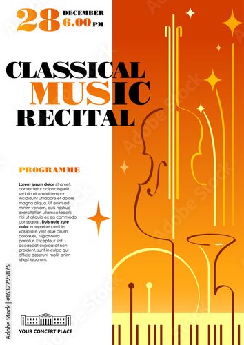 Classical music concert, recital, fest, competition poster concept template. Abstract line art draw of violin, trumpet, piano keys, drum and drum sticks. Stars and text typography