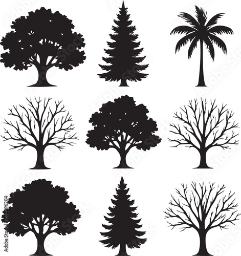 Collection of Nine Tree Silhouettes Deciduous Evergreen and Palm Trees