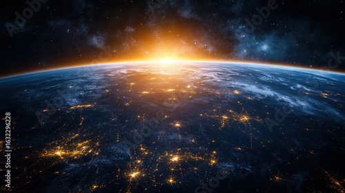 Fototapeta Naklejka Na Ścianę i Meble -  Earth seen at night from space with a glowing atmosphere and scattered urban lights, digital-style image used for global network or internet themes