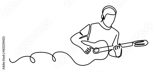 continuous line art of a man playing guitar. guitar player performance. concert of a guitar solo