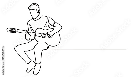 continuous line art of a man playing guitar. guitar player performance. concert of a guitar solo