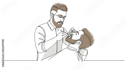 Minimalist continuous line drawing of barber working on man's beard
