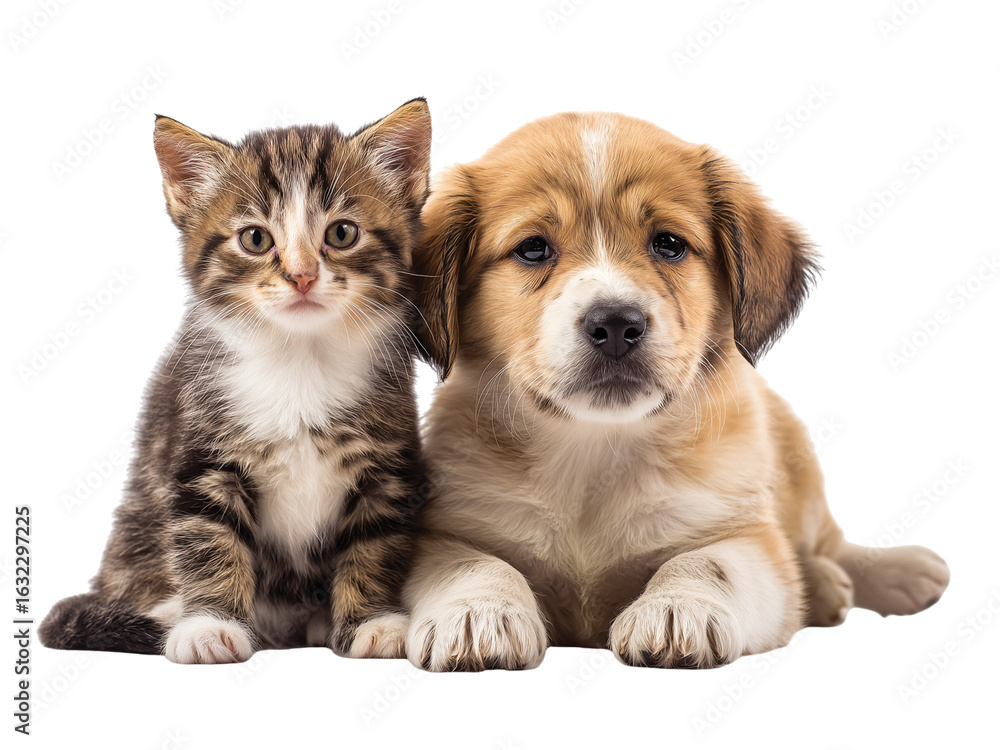 Obraz premium Adorable kitten and puppy cat, dog, best friends isolated on transparent background png