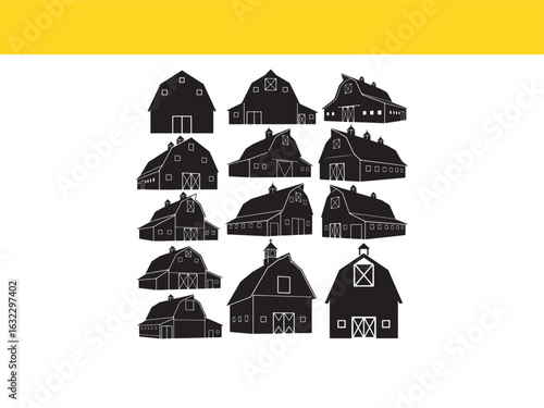 Collection of rustic farm barn silhouettes. Vector icons of various agricultural buildings isolated on white.