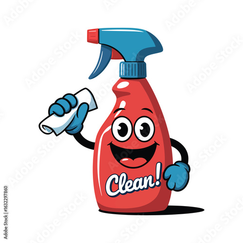 Vector art of funny cleaning spray bottle character holding a cloth with the word clean