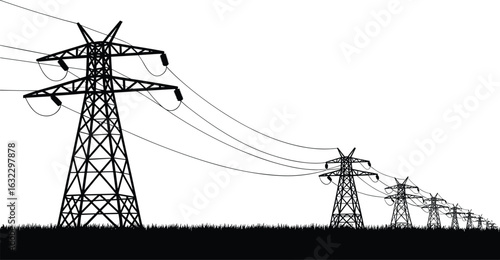 Silhouette of high voltage power lines, electricity transmission towers, energy infrastructure, industrial electric grid, rural landscape, power supply structure