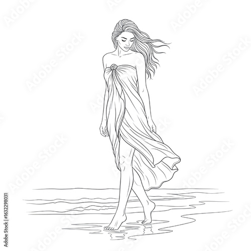 Woman walking barefoot on the beach, illustration vector