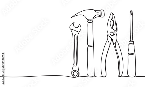Line Drawing of Hand Tools Wrench, Hammer, Pliers, and Screwdriver
