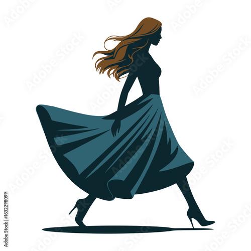 Vector art of silhouette of a stylish woman in a flowing dress and high heels walking confidently
