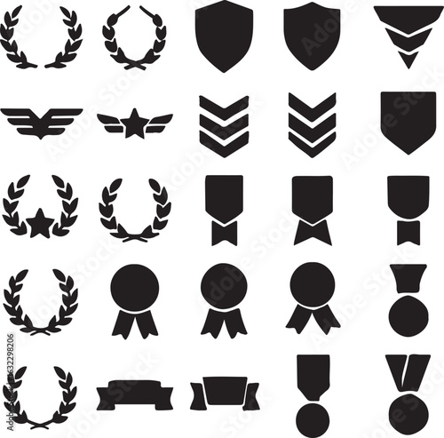 Collection of Black and White Award Icons Including Laurels Medals and Shields