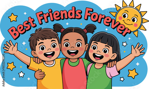 Vector art of three diverse, happy children embracing, with best friends forever text and a sunny sky illustration