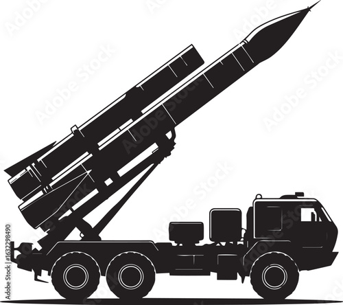 "Black silhouette of a military missile launcher vehicle, side view vector illustration"