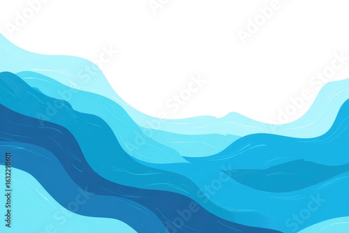 Abstract wavy blue water background.  Layered, stylized water forms undulate across the image, transitioning from light to dark blues against a white backdrop