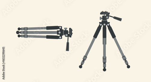 Professional Camera Tripod Flat Illustration in Folded and Unfolded States