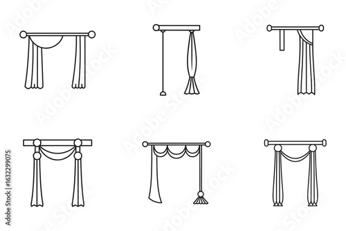Elegant Curtain Designs and Drapery Styles Showcase Minimalist Line Art for Interior Decoration and Window Treatments Vector Set