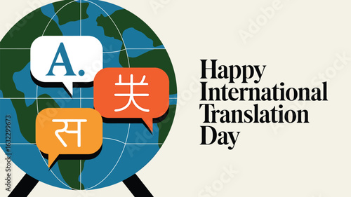 Happy international translation day with multilingual speech bubbles
