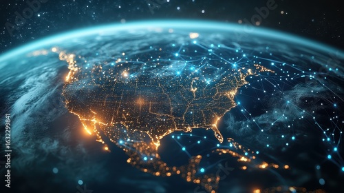 High-tech visualization of North America seen from space with luminous digital pathways linking major hubs, representing AI and data flow across networks