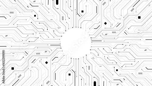 black connection paths or wire lines on circuit board or motherboard with circle in middle background template