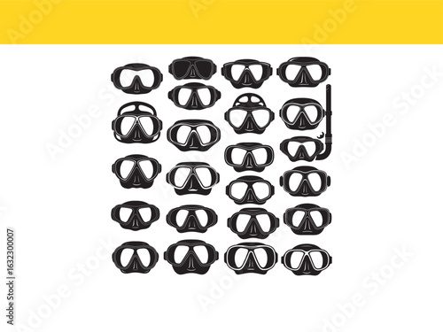 A graphic collection of monochrome scuba diving and snorkeling mask icons. Various designs for summer vacation and ocean sport themes.