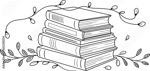 Vector art of stack of books with flowers and leaves, illustration