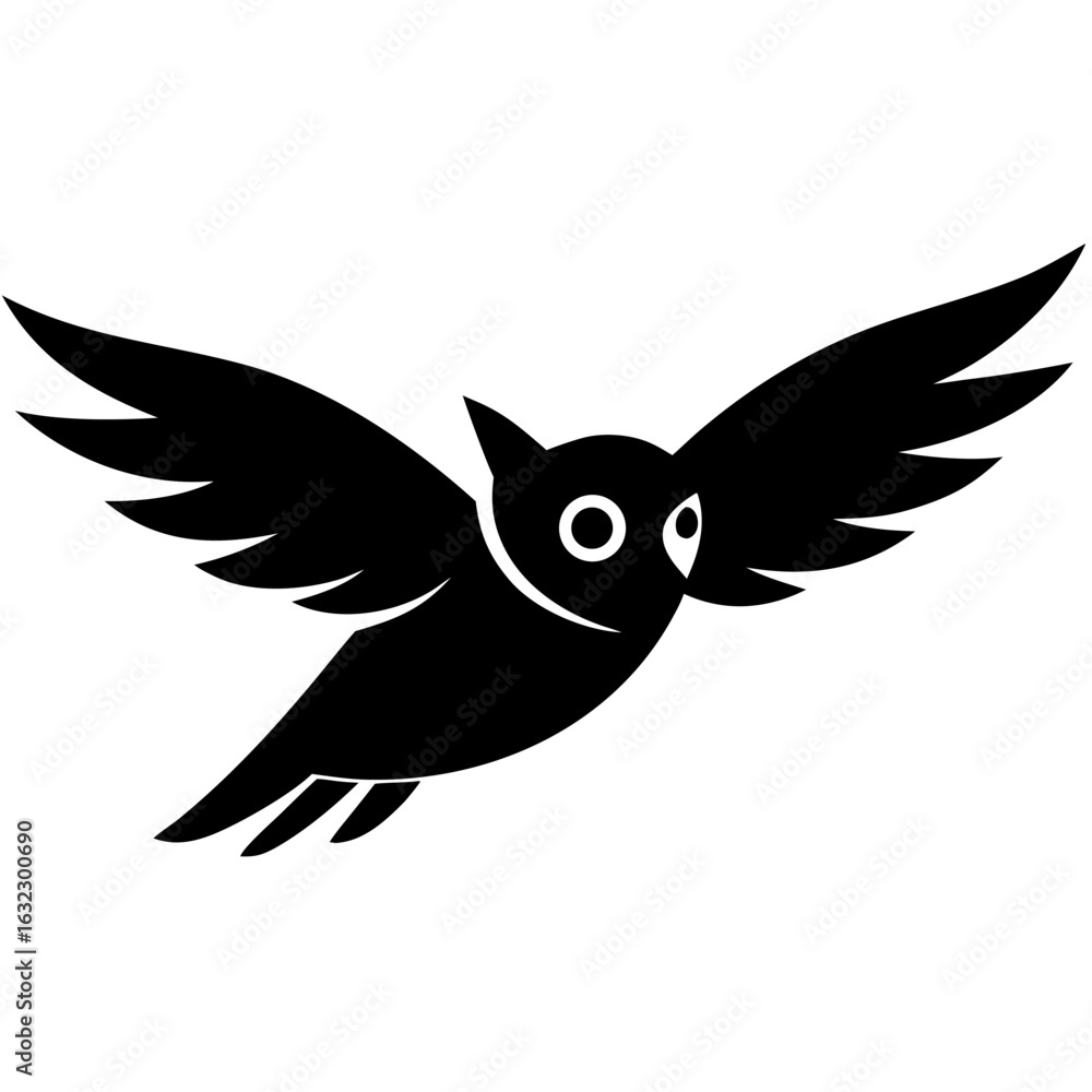 Obraz premium Monochrome flying owl icon with spread wings, a simple bird vector silhouette design.