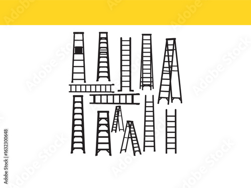 Vector graphic set of various types of ladders. A collection of black silhouettes including stepladders and extension ladders for construction.