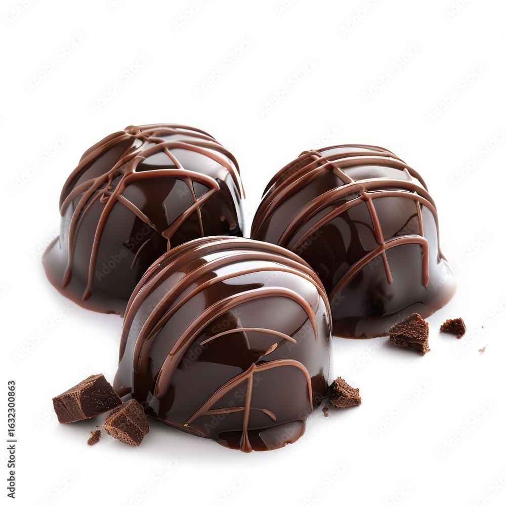 Obraz premium Three dark chocolate truffles, glossy and smooth, with drizzled chocolate, surrounded by chocolate shards, on a white background