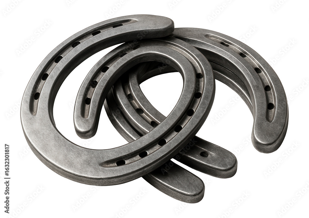 Obraz premium Stack of five metal horseshoes with multiple holes arranged in a pile on transparent background.