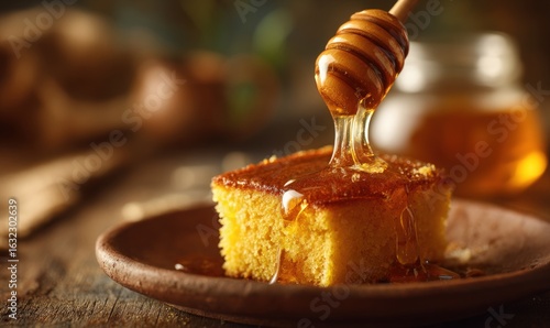 Honey dripping onto cornbread on a plate, with a honey jar in the background