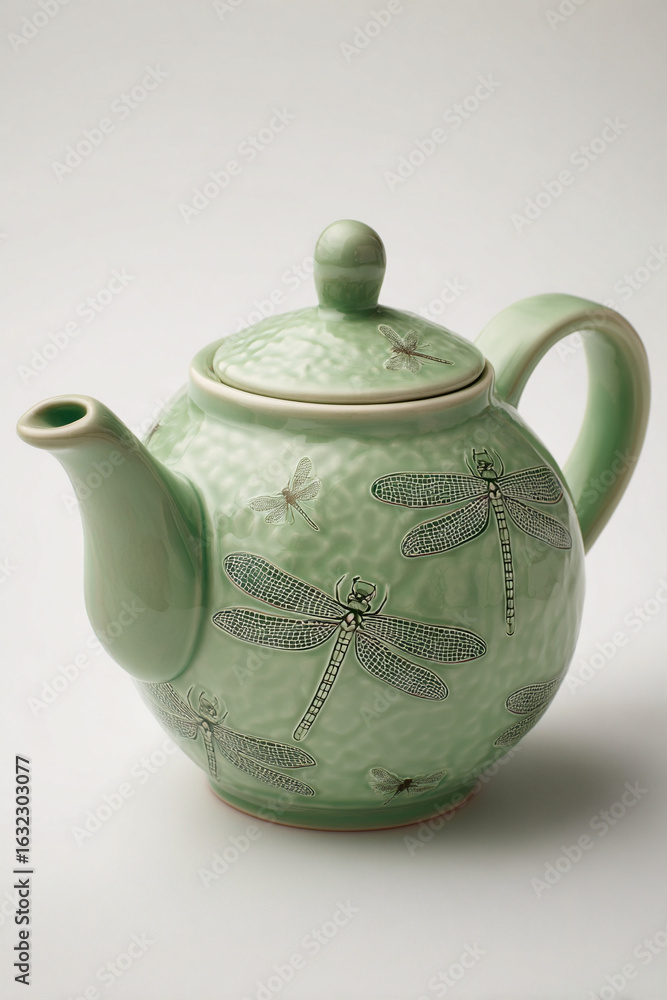 Photorealistic close-up of a ceramic teapot with etched dragonfly motifs Photorealistic close-up of a ceramic teapot with etched dragonfly motifs