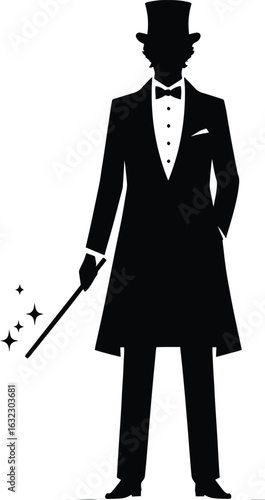 A Magician doing magic trick with his hat and stick silhouette Vector Illustration isolated on a white background