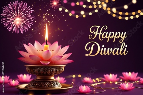 Wallpaper Mural Radiant Diwali Lotus Candle with Sparkling Fireworks and String Lights on Purple Night – Festive Joyful Atmosphere, AI-Generated Torontodigital.ca