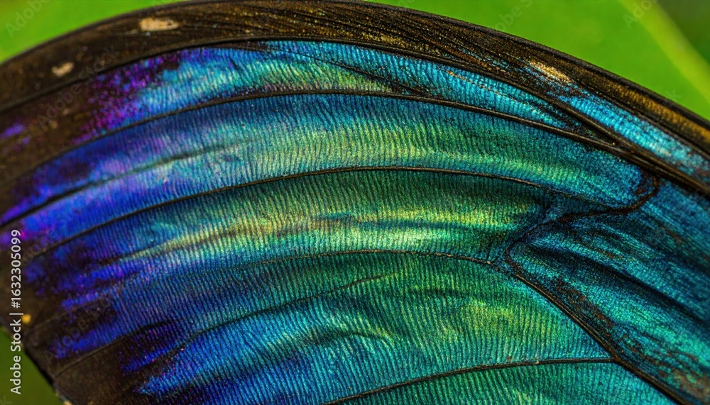 Obraz premium Close-Up of Iridescent Butterfly Wing Displaying Vibrant Blue and Green Patterns in Nature's Intricate Detail