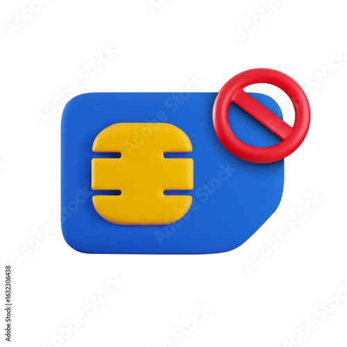 Vector cartoon 3d blocked Sim card icon. Minimal realistic 3d render No simcard sign with prohibited red circle with diagonal strip. Rejected or disabled gsm network, Communication ban concept.