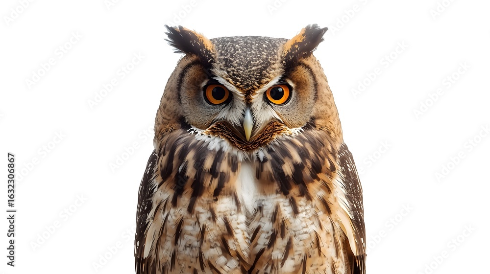 Fototapeta premium Great Horned Owl Face Close-Up on White Background