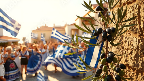 Fototapeta Naklejka Na Ścianę i Meble -  A vibrant Greek celebration features people waving national flags and dancing in traditional attire, with a symbolic olive branch in the foreground.