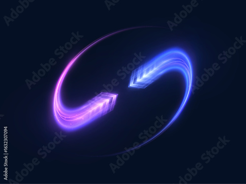Dynamic vector swirl of glowing arrows in vibrant blue and purple tones on dark background. Abstract curved light motion in futuristic style, ideal for sci-fi or digital speed design.