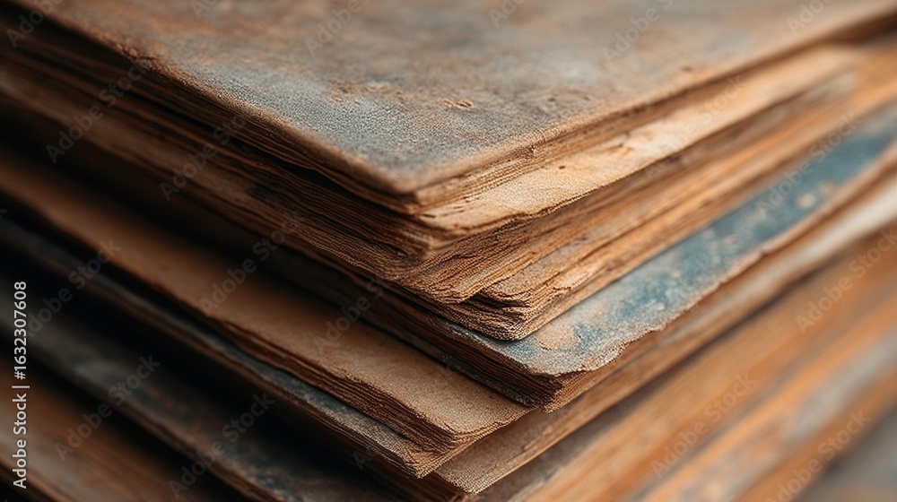 Obraz premium Close View Of Aged Book Pages Stacked In Antiquarian Library
