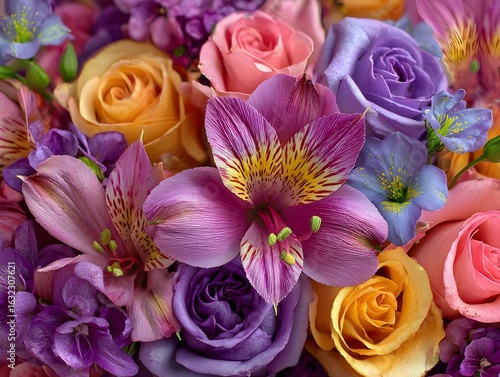 An array of colorful flowers including roses and lilies create a beautiful and vibrant floral arrangement.